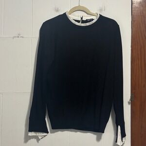 Vila Milano Womens XL Black Knit Sweater White Chiffon Pleated Trim Layered Look